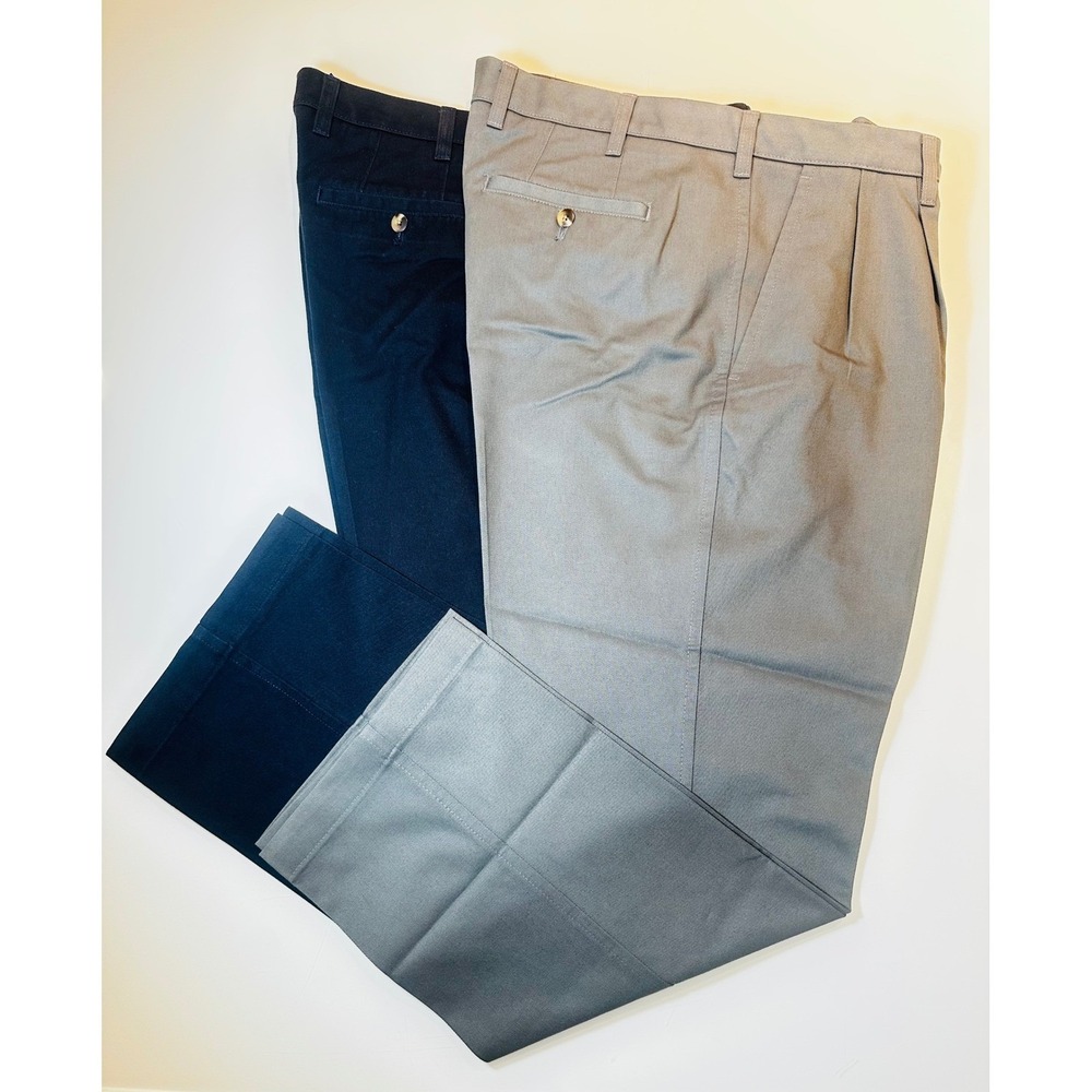 Van Heusen Mens 38x30 Pleated Cotton Dress Pants Bundle Black Khaki 2 Pairs